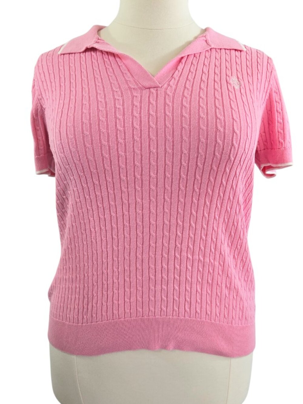 Lauren Active Ralph Lauren 100% Cotton Pink Cable Knit Short Sleeve Sweater Tee